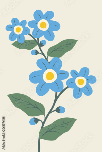 Minimalist flat illustration of forget-me-not branch with blue flowers and green leaves, isolated on a light cream background.
