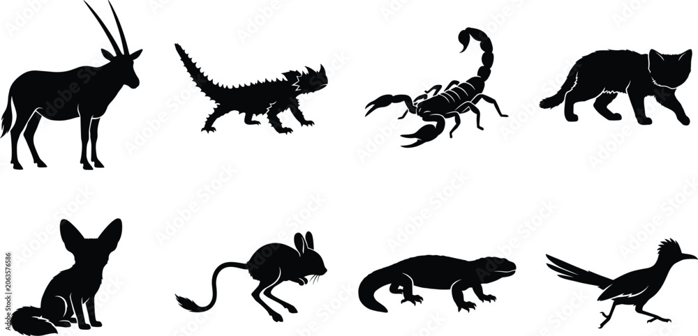 Naklejka premium Exotic Wildlife Animal Silhouette Collection with Desert and Reptile Species Vector Set