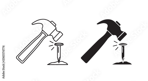 Hammer and Nail Icon Set Outline and Solid Flat Vector Design Symbol