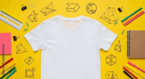 White tshirt surrounded by school supplies and geometric sketches on a yellow background