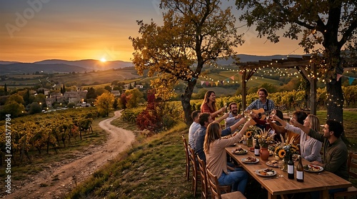 Group of friends enjoying outdoor dinner party in vineyard at sunset