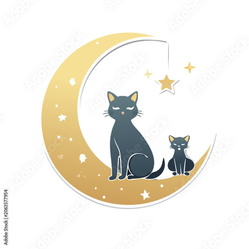 Blue cat standing under crescent moon with stars
