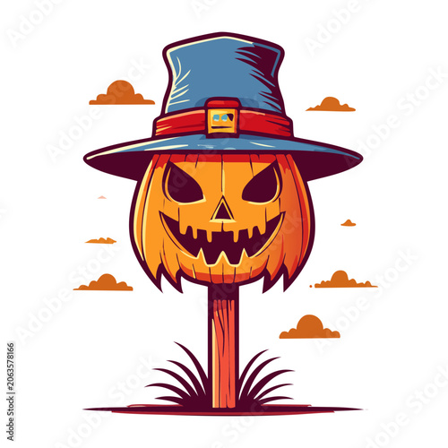 Flat design jack-o'-lantern with candle and hat