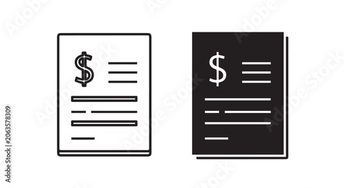 Invoice Bill Dollar Icon Set Outline and Solid Flat Vector Design Symbol