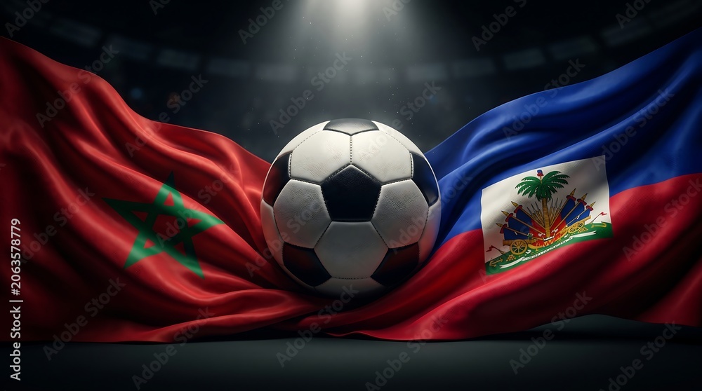 Naklejka premium Moroccan and haitian flags with a soccer ball on a dark background