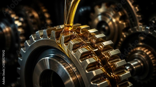 Industrial machine gears being lubricated with thick golden oil stream