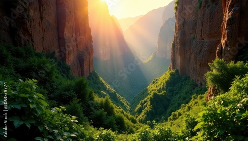 Warm rays of sunlight filter through the canyon walls, illuminating lush greenery below, green, foliage, canyon