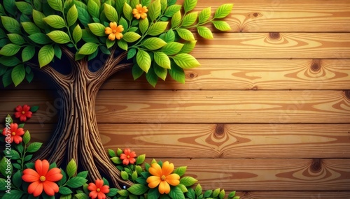 Warm wooden background with a smiling tree branch, surrounded by leaves and flowers , leaf, happy father day, nature