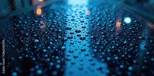 Water droplets on worn dark blue glass, distorted reflections, texture, glass, rain