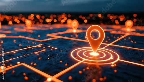 Glowing orange digital map with location pin and network lines on dark