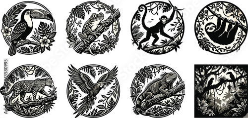 Canvas Print Rainforest animal illustrations with toucan, monkey, sloth, jaguar, and parrot d