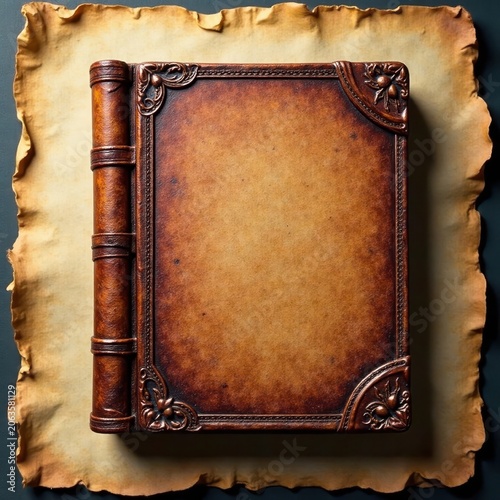 Weathered leather journal on aged paper background , aged, vintage, old book
