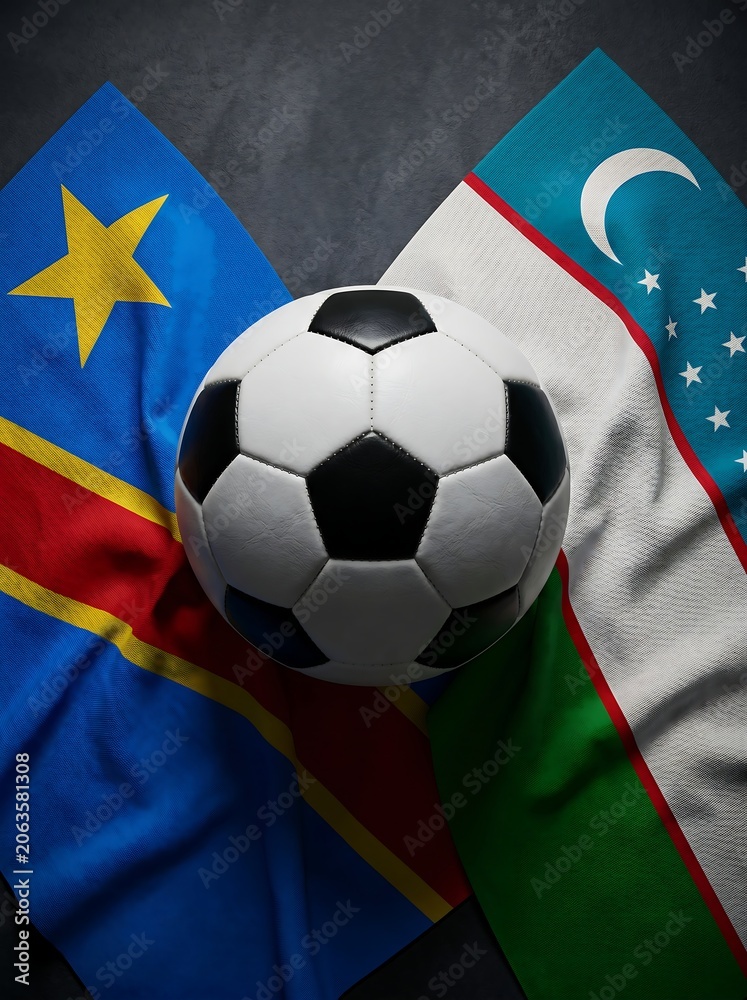Fototapeta premium Soccer ball resting on the flags of democratic republic of the congo and uzbekistan