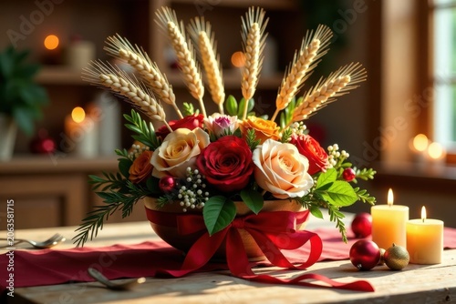 Wheat centerpiece on a table with red ribbon and decorated with candles, flowers and ornaments, red ribbon, nawruz, traditional decorations