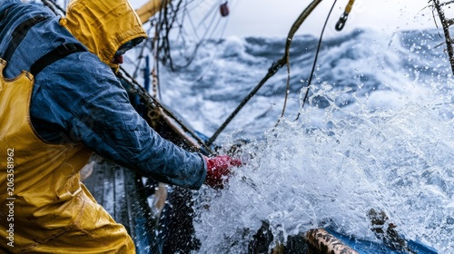 Dedicated fisherman working in rough seas, engaged in fishery tasks on a stormy day at sea