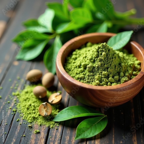 Wooden bowl filled with moringa leaf powder and dried botanicals , herbs, moringa, forest floor