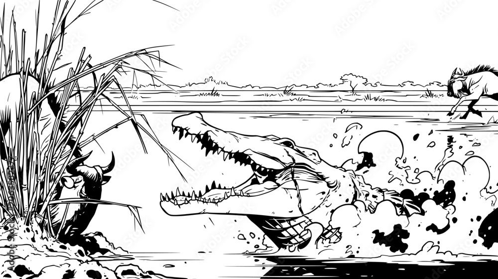 Fototapeta premium Wild crocodile attacking a goat in a dramatic swamp river scene with splashing water