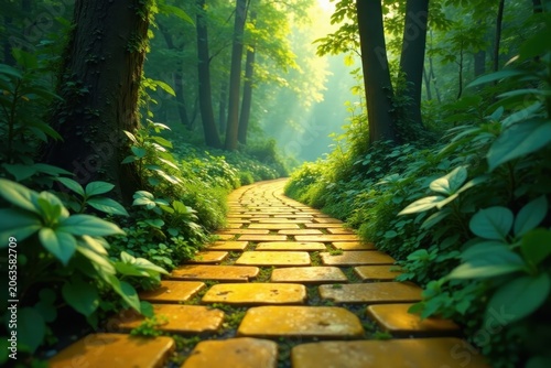 Yellow brick path snakes through dense foliage , winding road, travel, green