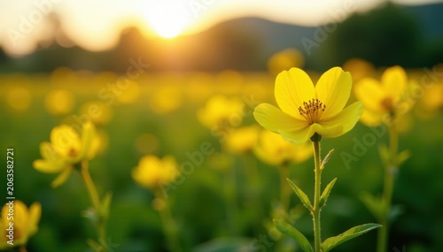 Yellow evening primrose flowers at field edge, bloom, golden, flowering plants