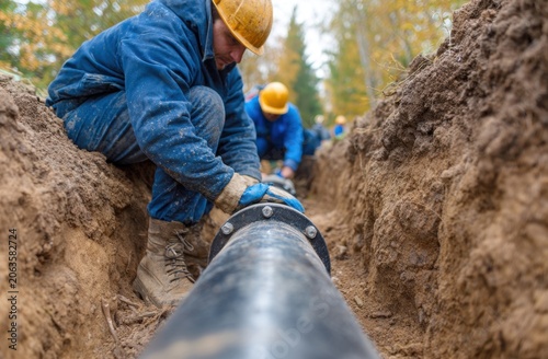 Construction workers installing a large water pipeline in a deep dirt trench during an outdoor infrastructure project