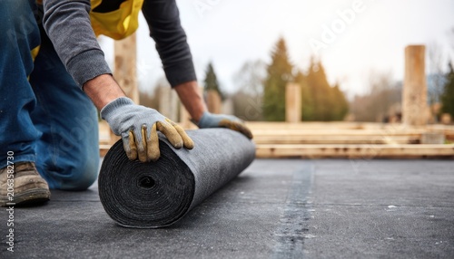 Construction worker wearing protective gloves unrolling a dark grey waterproofing membrane roll on a flat roof installation site