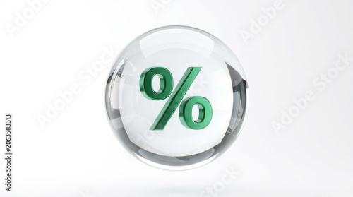 Green percentage symbol inside a transparent glass sphere isolated on white background