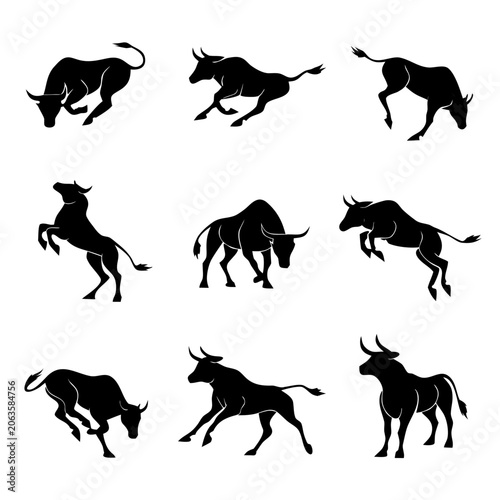 Strong Bull Silhouettes Set Isolated on White Background Vector