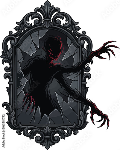 Foto Dark entity emerging from a shattered ornate mirror a terrifying supernatural cr
