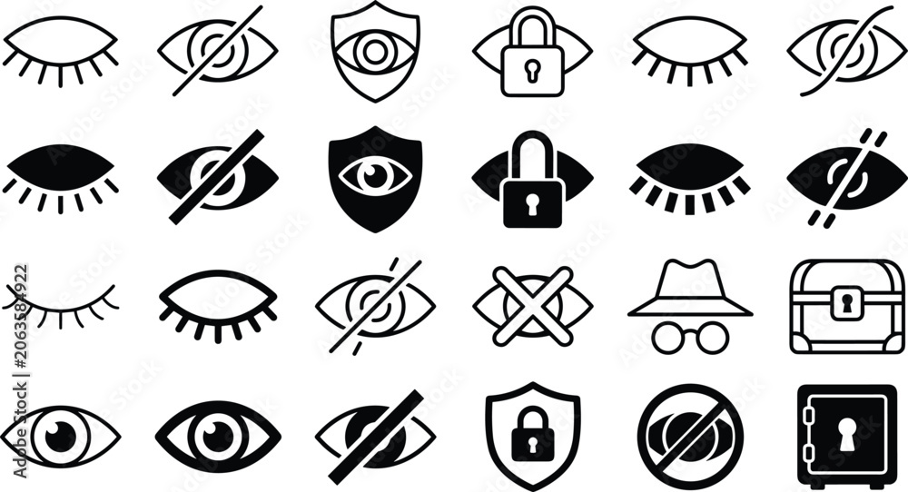Obraz premium Privacy protection and visibility control icon collection with secure access eye symbols and cybersecurity vector set