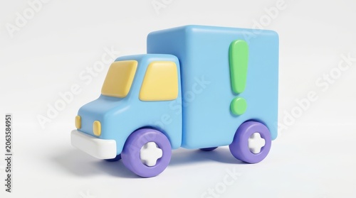 3d illustration of a cute blue delivery truck with an exclamation mark icon on the side isolated on white background