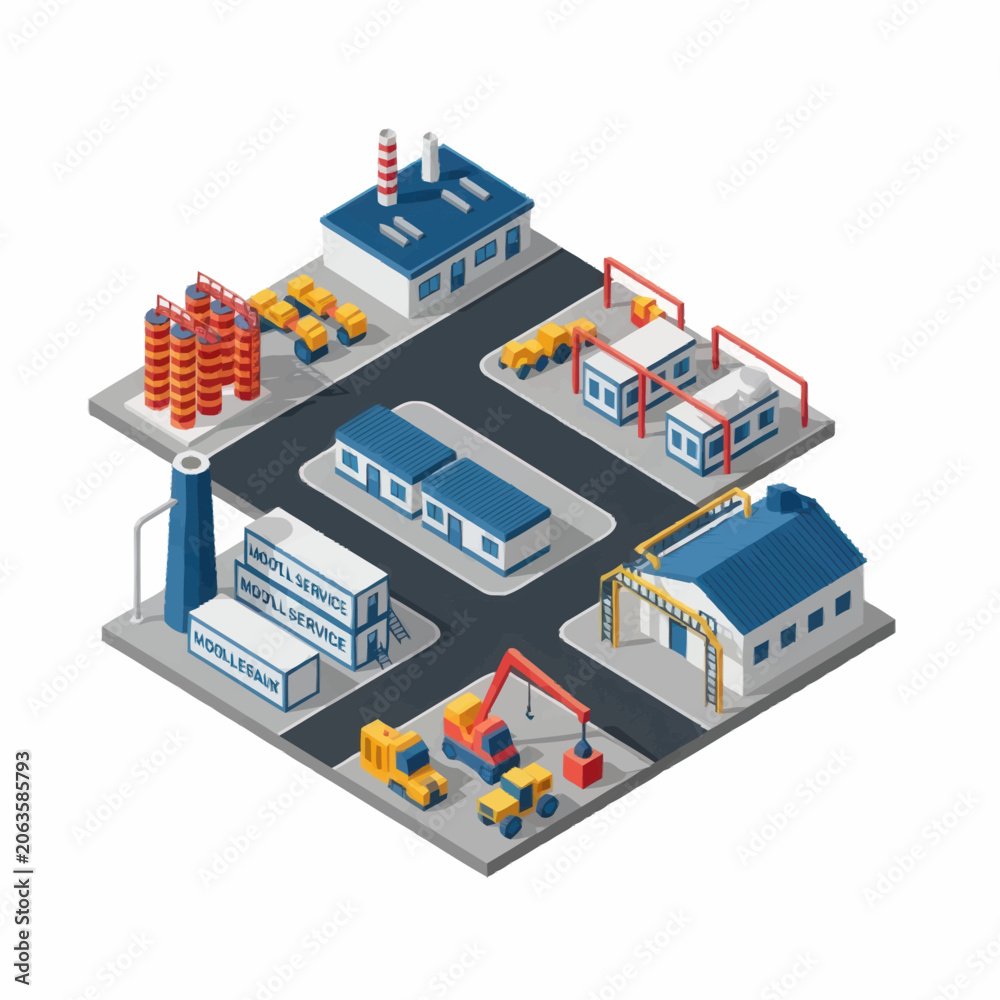 Fototapeta premium Isometric industrial complex with factories warehouses and vehicles.
