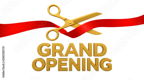 Grand opening with scissors cutting red ribbon isolated on transparent background