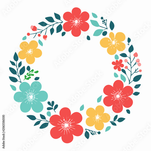 Floral Wreath with Red, Yellow, and Teal Flowers