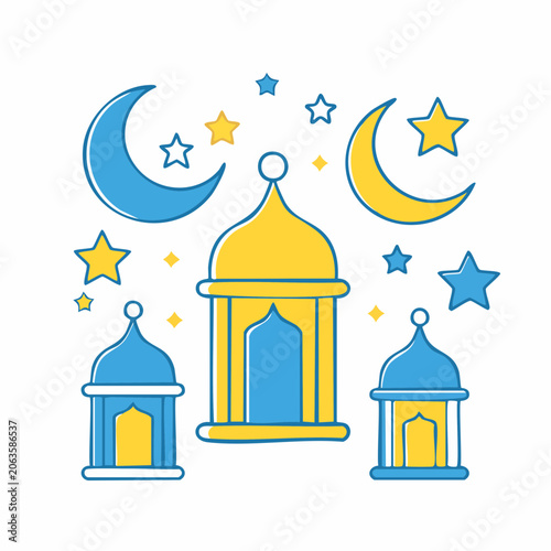 Islamic Lanterns and Crescent Moon with Stars Illustration