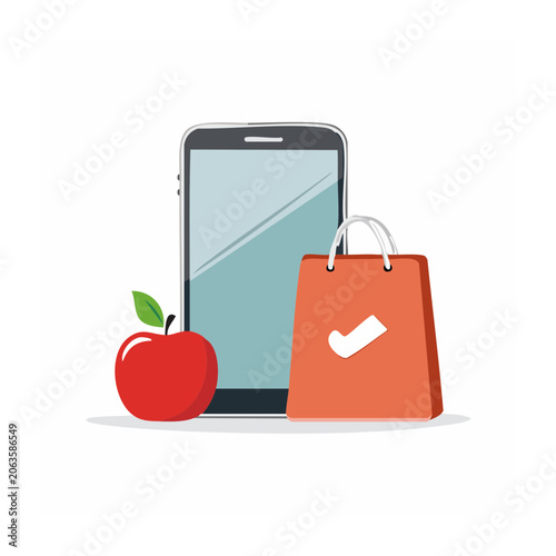 Smartphone, shopping bag and apple in flat design