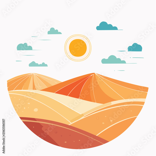 Stylized Desert Landscape with Sun and Clouds