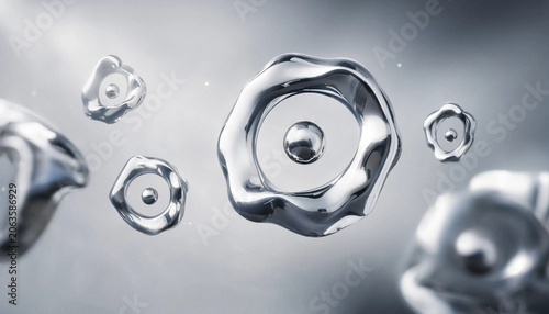 Fényképezés Abstract liquid metal spheres and rings floating in a soft gray environment with