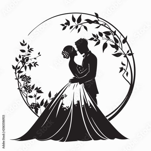 Bride and Groom Silhouette Round Frame Vector Design
