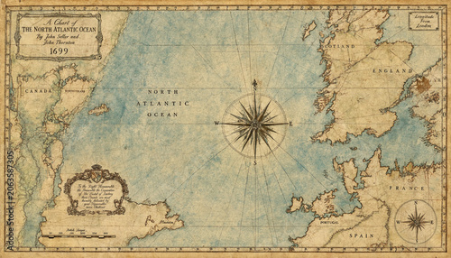 Cuadro en lienzo Antique map of the north atlantic ocean dated 1699 featuring vintage cartography