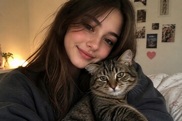 Young woman hugging tabby cat in cozy bedroom with photos on wall
