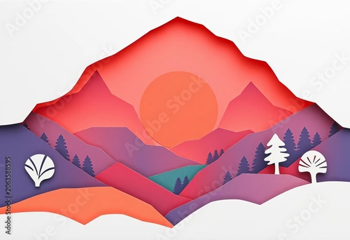 Intricate cut paper shapes forming a scenic landscape silhouette,  illustration,   geometric
