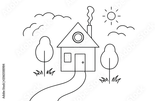 A minimalist black and white line art drawing of a cozy house, trees, sun, and clouds, ideal for coloring pages, children's projects, or simple designs.