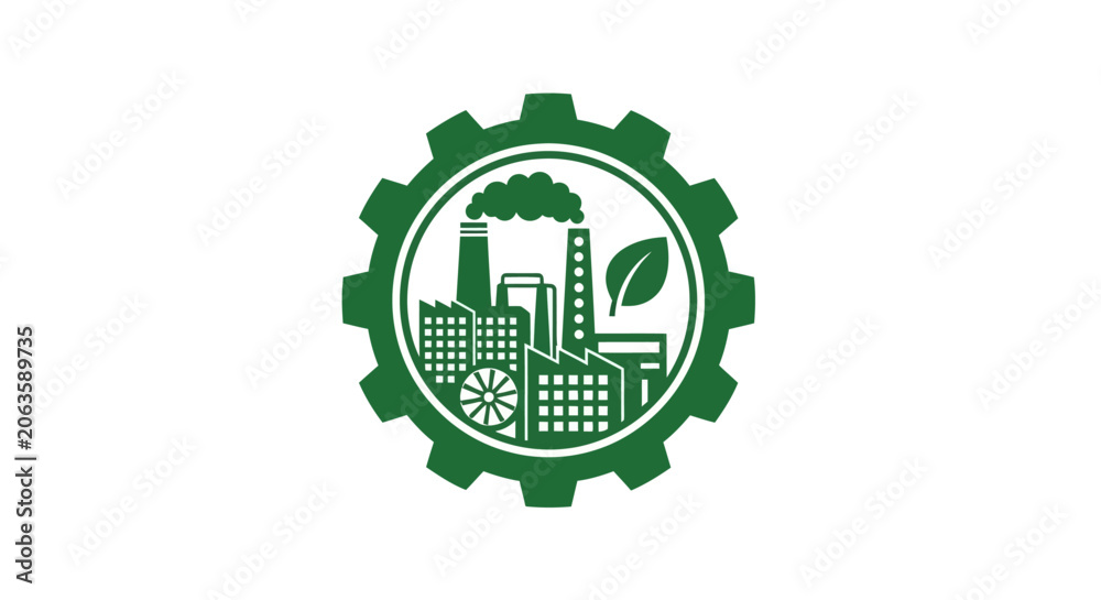 Fototapeta premium Green Industry Logo with Factory and Leaf Symbol.