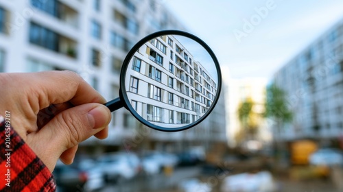 Hand Holding a Magnifying Glass to Examine Modern Architecture and Urban Development with Detailed Focus