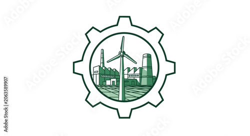 Industrial and renewable energy symbol with wind turbine and factory inside a gear outline.