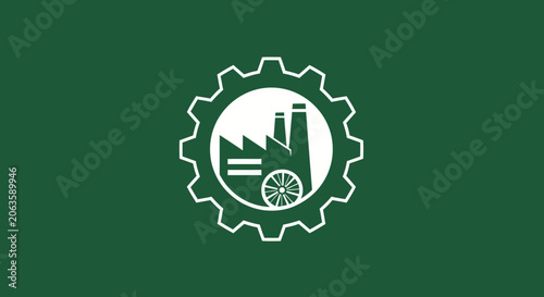 Industrial Gear and Factory Icon on Green Background.