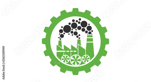 Industrial factory with smoking chimneys inside a green gear icon.