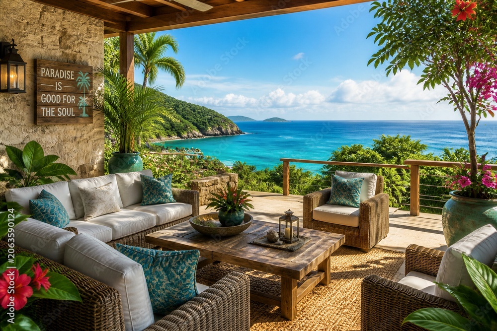 Fototapeta premium Outdoor seating area overlooking tropical ocean villa view