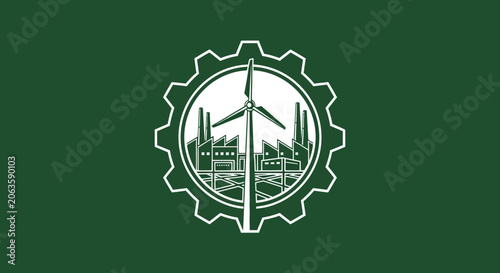 Industrial Wind Turbine and Factory Silhouette Logo.