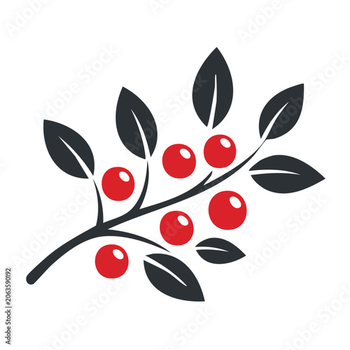 Flat design icon of a berry branch with red berries and dark gray